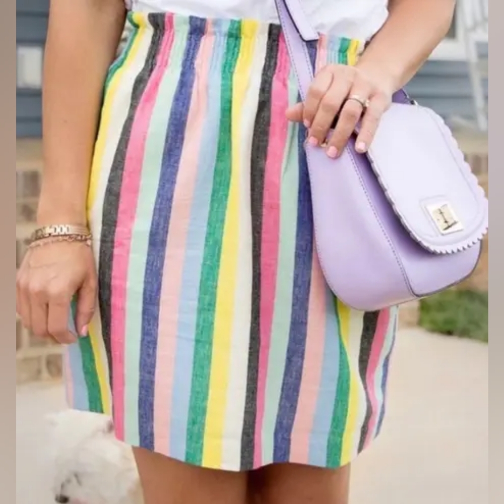 J. Crew Linen/Cotton Rainbow Stripe Mini Skirt, Elastic Waist, Lined, EUC!